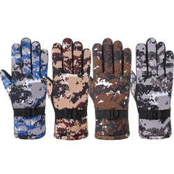 Men Winter Waterproof Thermal Full Finger Gloves Thick Plush Lining Camouflage Print Anti-Slip Palm Adjustable Snow Ski Gloves