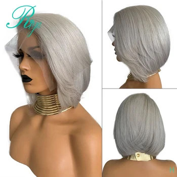 

13X6 150% Invisible Straight Bob Cut Blunt Grey Color Lace Front Human Hair Wigs For Black Women Preplucked Brazilian Remy Hair