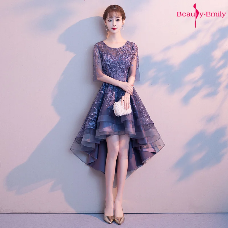 Beauty-Emily кружевные короткие вечерние платья с круглым вырезом и коротким рукавом асимметричные плиссированные вечерние платья с аппликацией