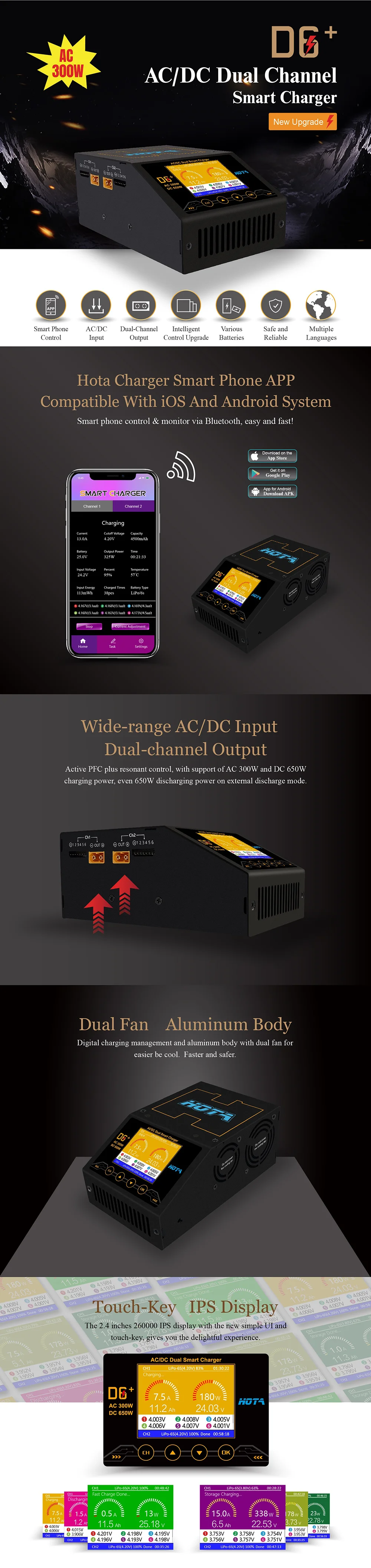 HOTA D6+ plus AC 300 Вт DC 2X325 Вт 2X15A двухканальный умный аккумулятор зарядное устройство Dis зарядное устройство Lipo зарядное устройство для радиоуправляемого дрона запасные части