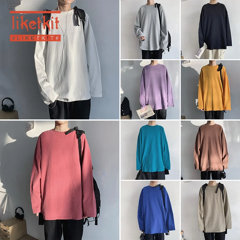 

Liketkit Mens New Long Sleeve Shirts Spring 2020 10 Candy Colors Cotton O-Neck Shirt Couples Oversize Harajuku Korean Streetwear