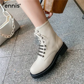 

ENNIS Fashion Women Ankle Boots Genuine Leather Martin Boots Lace Up Platform Boots Black Beige Shoes Autumn Winter 2020 A0246