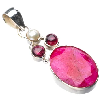 

StarGems Natural Cherry Ruby,River Pearl And Amethyst Handmade 925 Sterling Silver Pendant 1.75" D9353