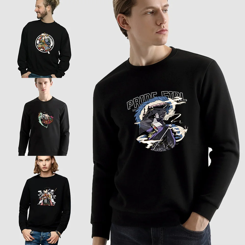

Autumn Pullover Men's Long-sleeved Sweatshirt Casual Japanese Samurai Pattern Printing Black O-neck Commuter Harajuku Hoodie