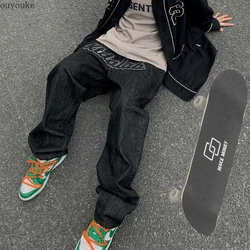 Pantalones vaqueros con estampado negro para hombre y mujer, jeans sueltos Vintage, pantalones de Hip Hop, pantalones de skateboarding, pantalones de pierna ancha Y2K, 2021