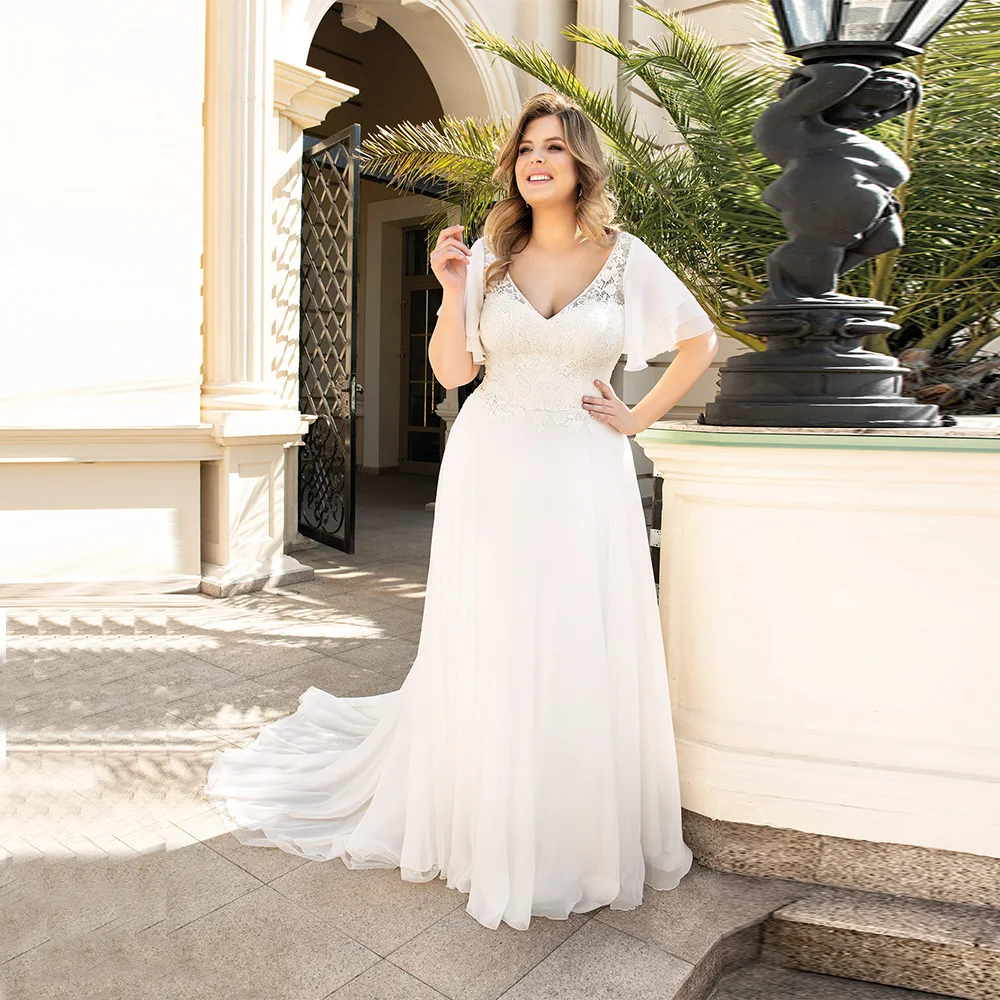 Plus Size Chiffon Wedding Dresses Half Sleeve V Neck Lace Applique Bridal  Gowns | eBay