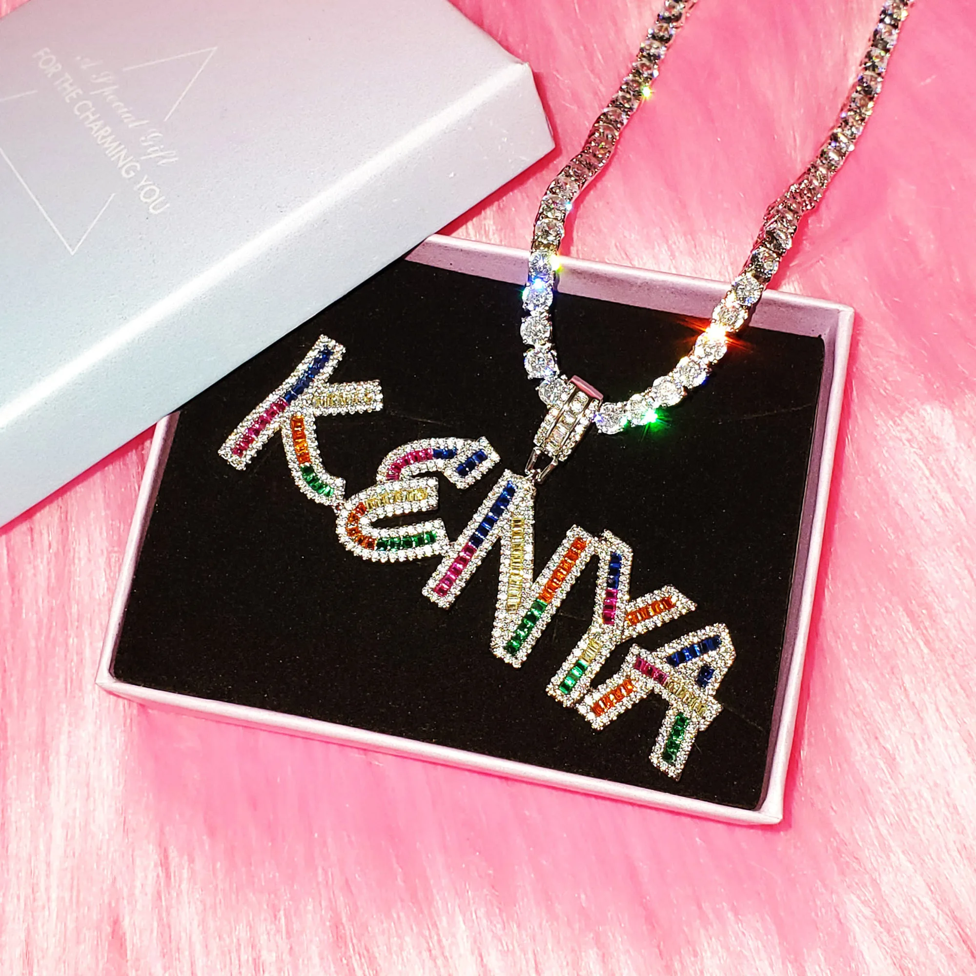 Custom Name Colorful Icy Letters Pendants Necklaces Women's Nameplate With Tennis Chain Personalized Birthday Gifts for Her