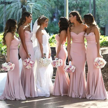

2020 Blush Pink Satin Mermaid Bridesmaid Dresses Long Ruched Western Country Wedding Guest Maid Of Honor Dress Formal Gowns