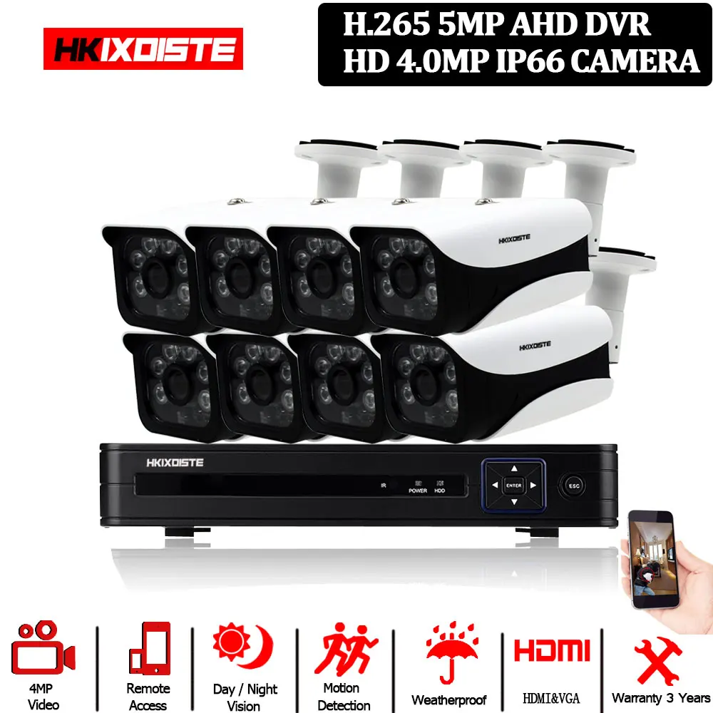 8PCS CAM CCTV DVR 5MP 8CH AHD System 6 IR LED headlamp Array 40m Night Vision 3.6mm 70° angle View IP66 HD 4MP Surveillance Cam 4 or 8pcs - Color: 8PCS CAM