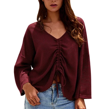 

Sweater V-Neck Lady Fashion Sweater Pullover Women Long Sleeve Autumn Sexy Drawstring Sweaters Solid Color Loose Jumper Clothes