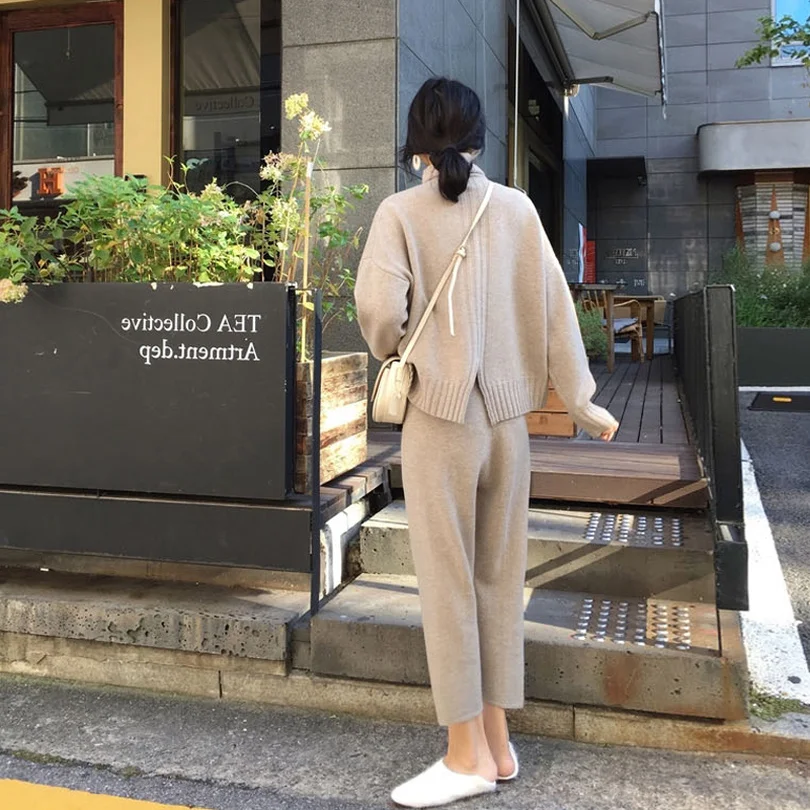 

Taotrees Autumn Casual Knitted Sportswear High Collar Sweater + Trousers Women's Warm Knitting Two-piece Set