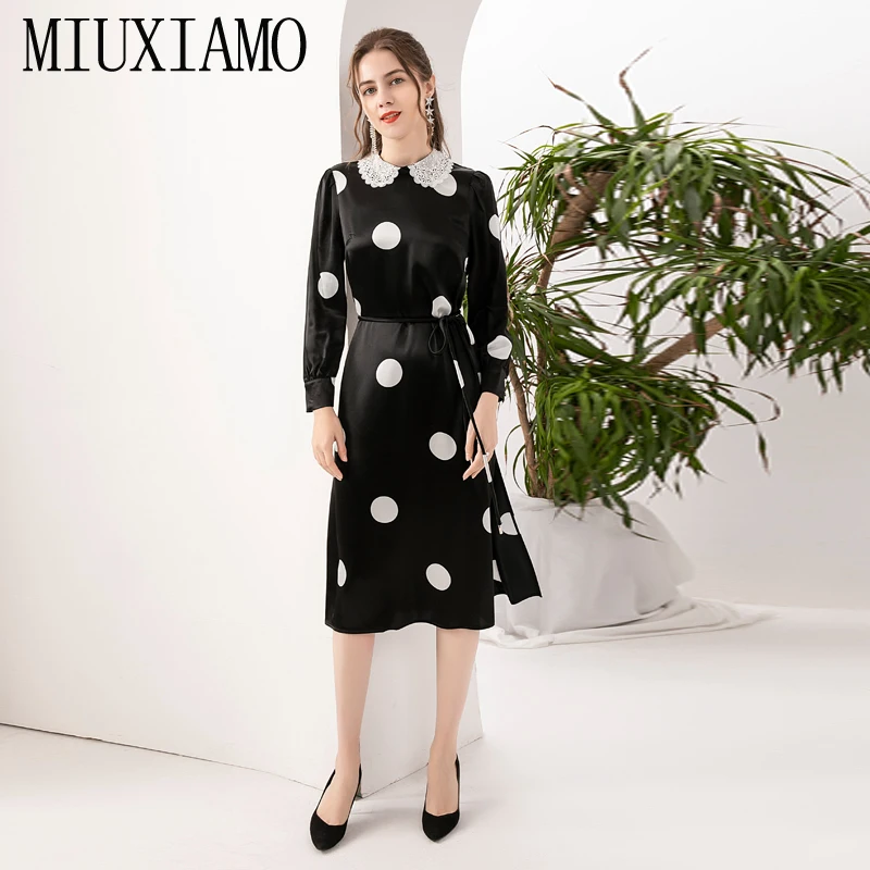 

MIUXIMAO 2021 Spring Elegant Retro Fashion Party Casual Hollow Embroidery Acetate Diamonds Polka Dot Midi Dress Women Vestidos