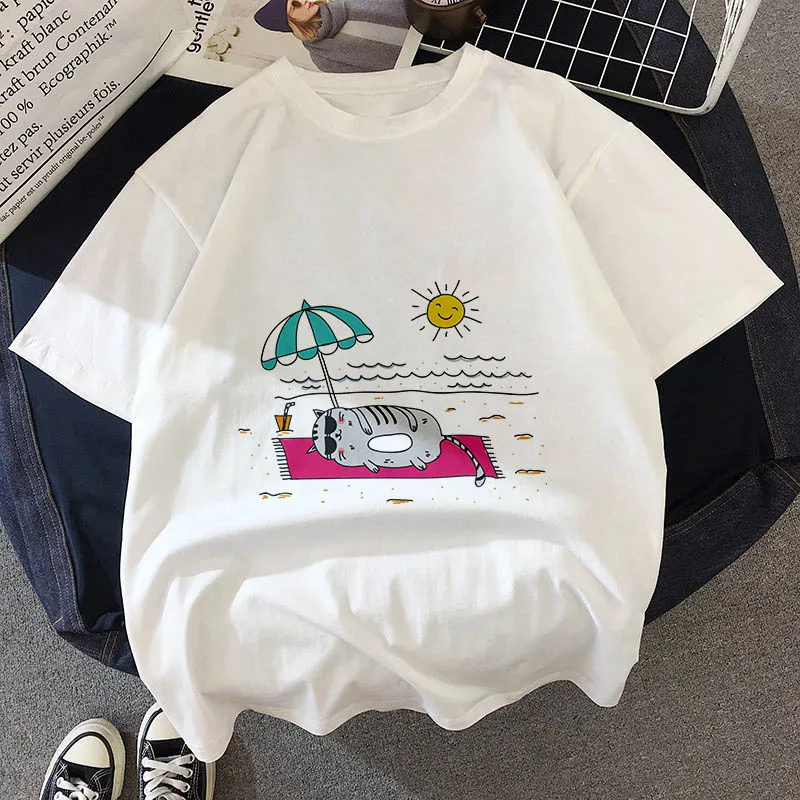 Kawaii, футболка с толстым котом, женская, новинка, летняя, милая, модная, короткий рукав, футболка, белая, тонкая, с секциями, хипстер, футболка, Топы, одежда - Цвет: 20846
