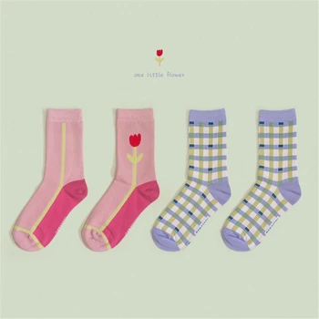 

Women's Spring Autumn Plaid Flower Pattern Funny Cotton Socks Harajuku Original Japanese College Style Casual Fresh Happy Socks