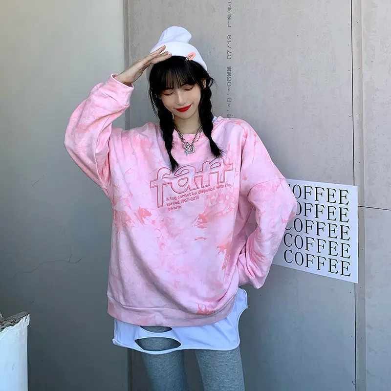 

Tie Dye Cartoon Print Hoodie Woman Sweetshirts Cute Letter Long Sleeve Clothes Harajuku Casual Loose T-shirt Tee Top Sudaderas