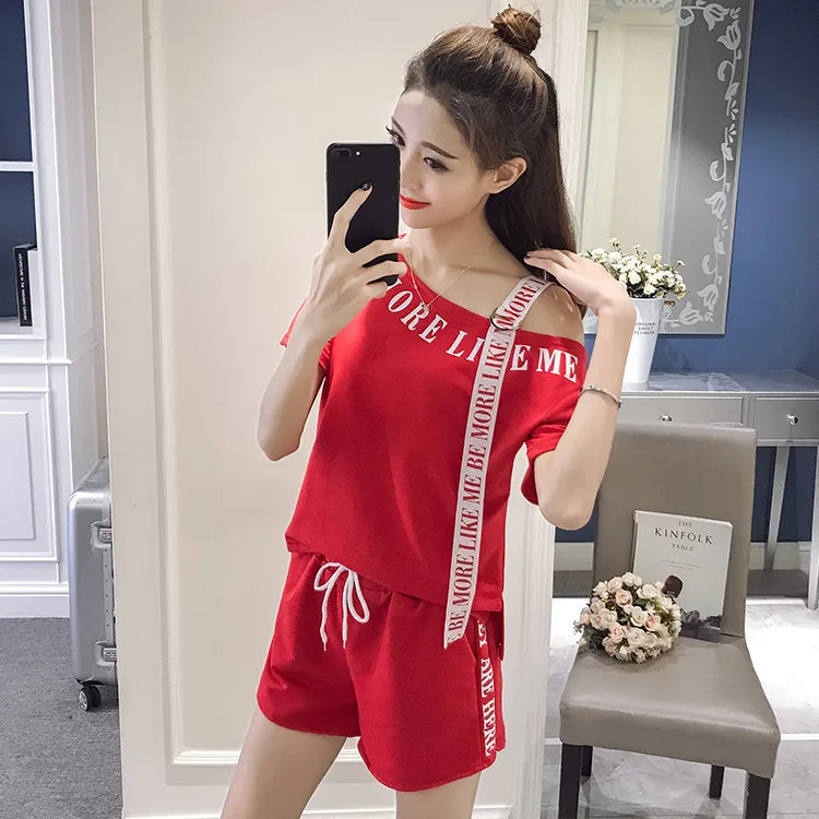 

Casual Sports WOMEN'S Suit 2019 Summer New Style WOMEN'S Dress-Style off-Shoulder Short Sleeve T-shirt Shorts Two-Piece Set