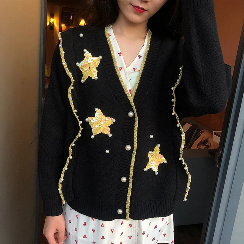 

Tunjuefs Loose V-Neck Pearl Button Cardigan Women Sweater Coat Sequin Beading Star Long Sleeve Maxi Runway Knitted Top Winter