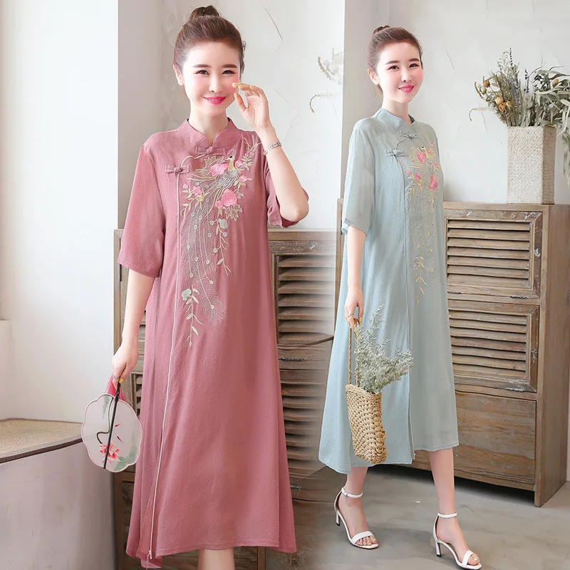 

2020 Summer New Style Chinese-style Cotton Linen Dress Women's Large Size Literature And Art Frog Embroidered Flax Ethnic-Style
