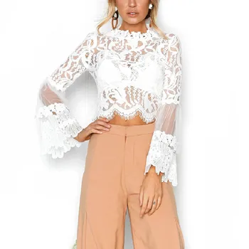 

Pop Summer Women Sexy Shirt Lace Floral Long Sleeve Crop Top Hollow Out Elegant Lady Casual Tops Pop 88