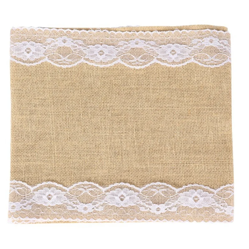 

Lace Hessian Tablecloth, Rustic Natural Jute Country Outdoor Wedding Party Retro Ivory Burlap Workbench Clothes Decoration