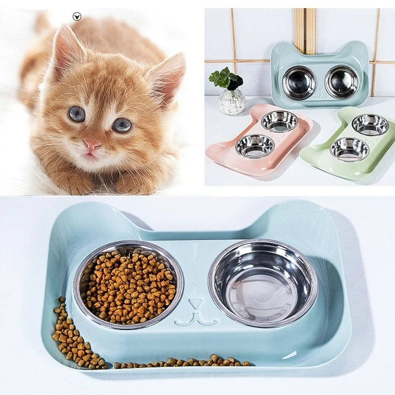 Stainless Steel Pet Leakproof Bowl Non-skid Cat Head Double Bowls For Cats Dogs Drinking Water Feeding Pets Feeder Supplies