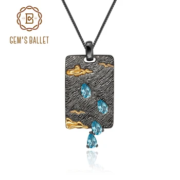 

GEM'S BALLET Nature Swiss Blue Topaz Gemstone Women's Pendant Necklace 925 Sterling Silver Handmade Clouds Sea Swallows Raindrop