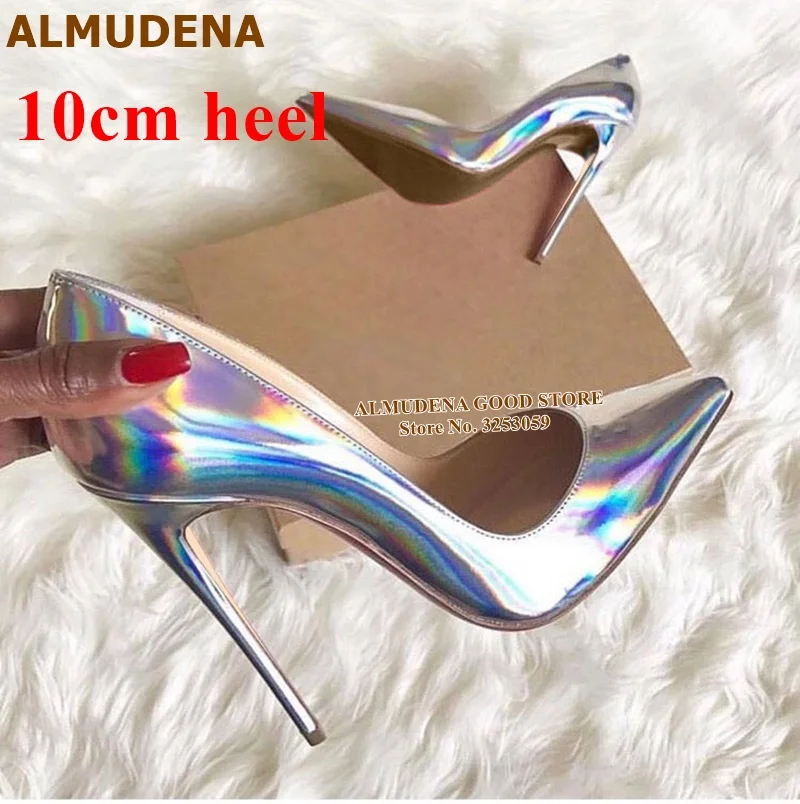 ALMUDENA/женские туфли-лодочки с острым носком; цвет флуоресцентный, фиолетовый; Каблук 12 см; модельные туфли из лакированной кожи; блестящие свадебные туфли на каблуке - Цвет: silver 10cm heel