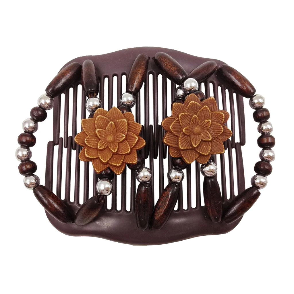 Double Stretch Hair Combs Woman With Wood Beads Vintaje Woman Lady Elastic Clip