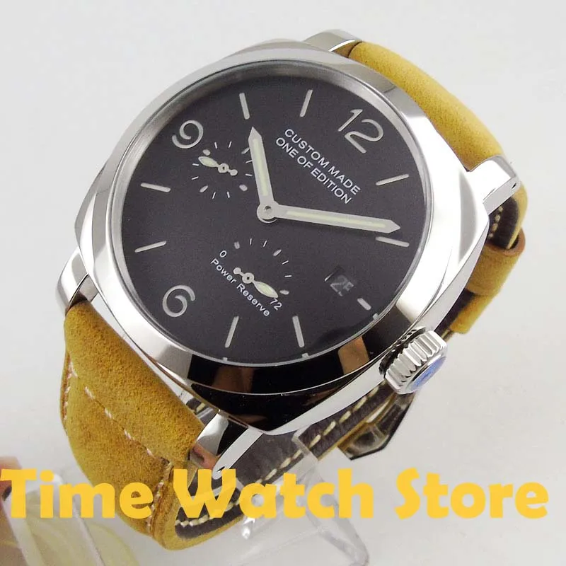 

2019 New PARNIS 44mm Automatic 2530 men's Watch Date Power Reserve waterproof Black Dial Top Brand Luxury Leather strap