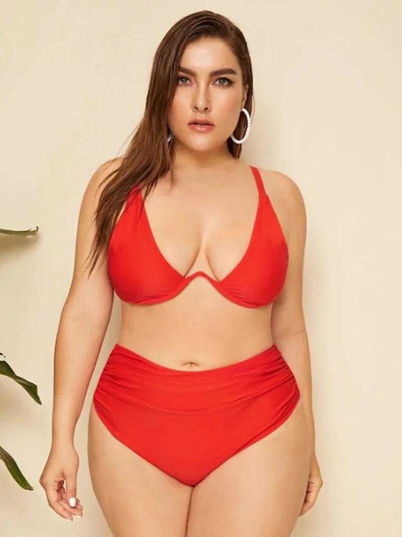 Plus Size Push Up Bikini Women High Waist Swimsuit Sexy Bathing Suit Solid Biquini Brazilian Bikinis Red Two Piece Swimsuit