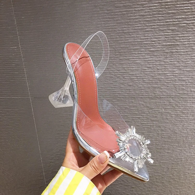 Элегантные женские босоножки; прозрачная обувь ПВХ; босоножки на высоком каблуке с острым носком; босоножки со стразами и кристаллами для свадебной вечеринки