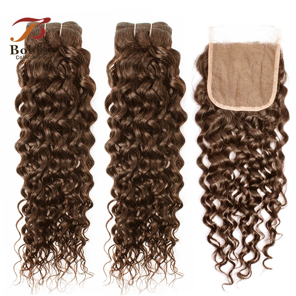 

MOGUL HAIR Brazilian Water Wave Bundles With Closure 14-24 inch Chocolate Brown Color 4 Pre-Colored Non Remy Human Hair Weave