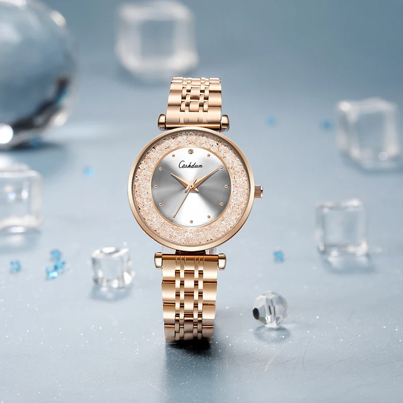 Elegant Women Quartz Watch Rolling Rhinestone Dial Rose Gold Stainless Steel Bracelet Fashion Ladies Dress Watch Female Gift