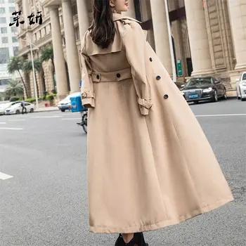

X-Long Windbreaker Female Slim 2019 Autumn New Temperament British Style Trench Coat Ladies Double-breasted Long Coat f1863