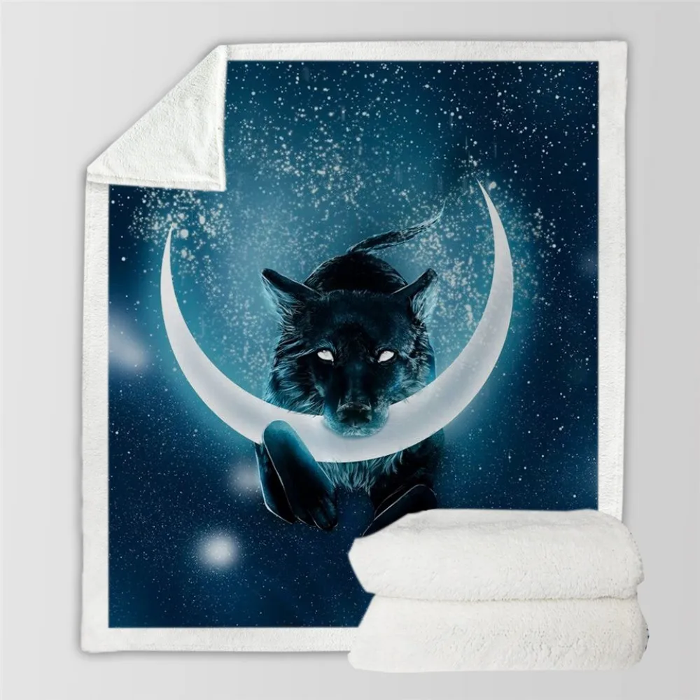 Soft Wolf Warm Blanket 3D Animal Star Galaxy Wolf Pattern Print Bedding Sherpa Fleece Blanket for Kids Portable Throw Blanket