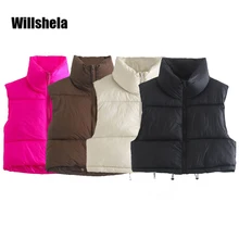 Willshela Vrouwen Fashion Hoge Neck Cropped Vest Vest Casual Vrouw Mouwloze Puffer Jacket Chic Lady Winter Warm Outfits