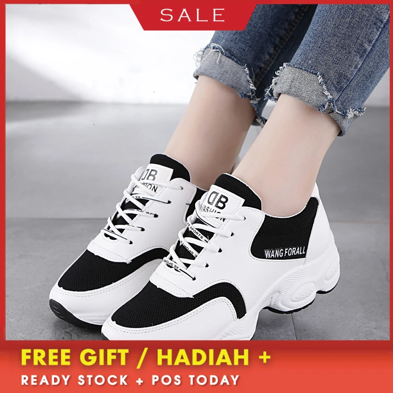 

Fashion Lady Casual White Shoes Women Sneaker Black Leisure Thick Soled Shoes Flats Cross-tied Lace-Up White female student