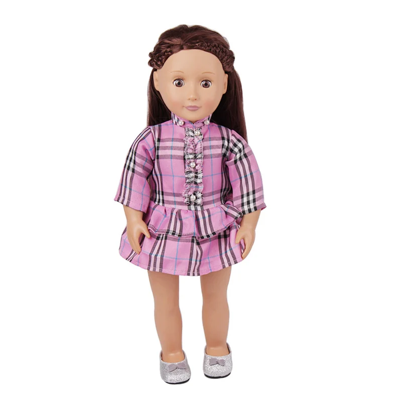 18 дюймов, с круглым вырезом, для девочек одежда; американский стиль новорожденных Модный Фиолетовый клетчатое платье осенняя одежда; комплект игрушки юбка подходит 43 см для ухода за ребенком для мам, детские куклы, c102
