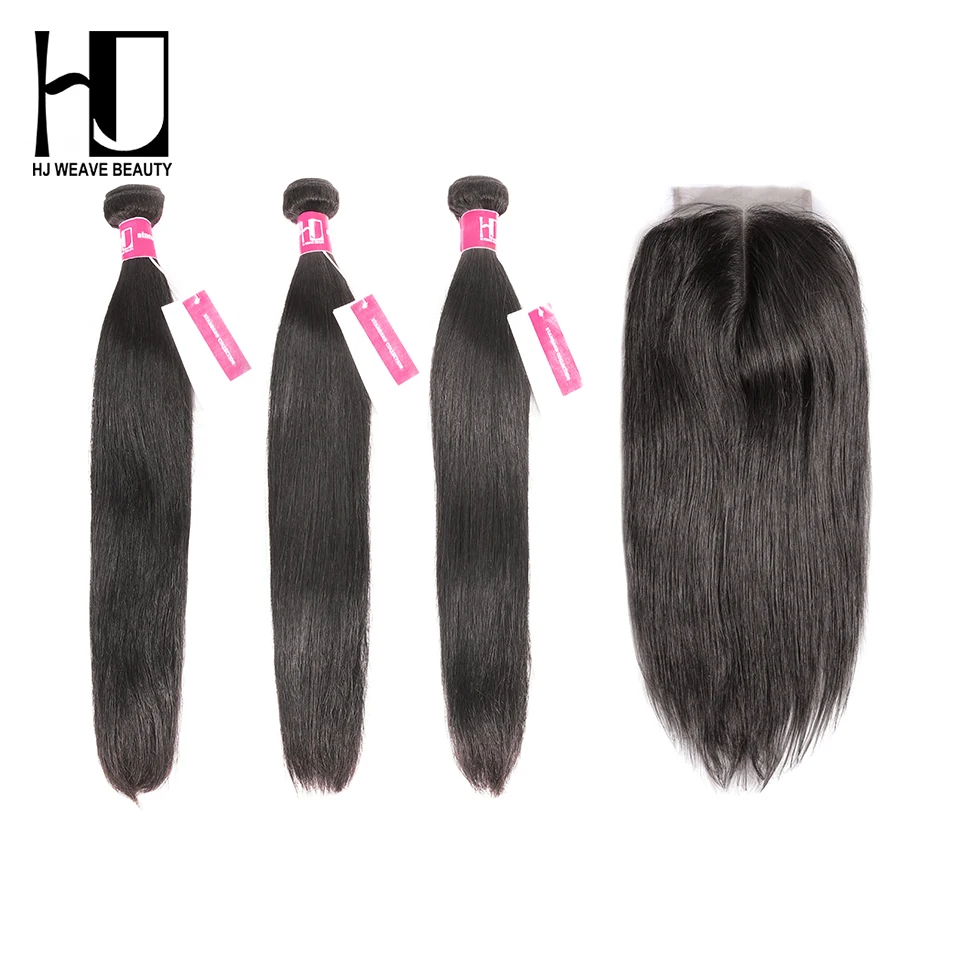 

HJ Weave Beauty Human Hair Bundles With Closure Straight Brazilian Hair Weave Bundles 6A Remy Humam Hair Extension Free Shipping