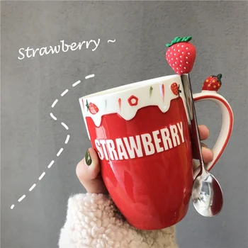 

Cute Strawberry Ceramic Mug With Spoon and Lid Water Bottle For Milk Coffee Tea children student Sweet Korean fresh Water Cup