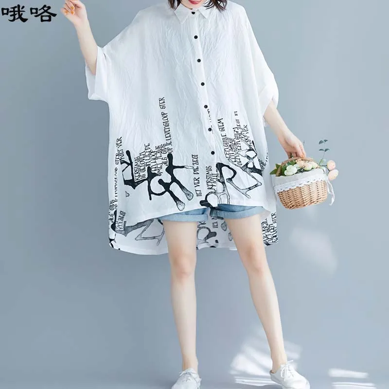 

Plus Size 4xl 5xl 6xl White Cardigan Shirt Blouse Female Oversize Cotton Batwing Vintage Long Linen Shirt Women Clothing 2020