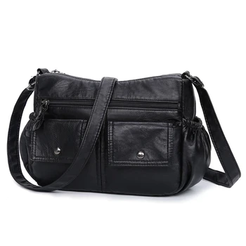 

2019 Ladies New Shoulder Bag Washed PU Soft Leather Double Pocket Diagonal Package Woman Cross Section Square Black