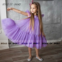 Tea Length Lilac Flower Girl Ball Dresses Royal Blue Cape Sleeve Cute Daughter First Communion Gown Vestidos Comunion Niña 2022