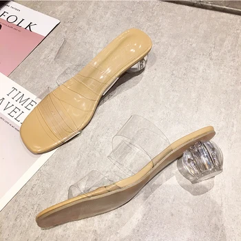 

Summer Clear PVC Transparent Slippers Women Shoes Crystal Slides Square Toe Mid Heel Slippers Mules Femme Party Dress Pumps
