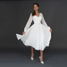 

White Chiffon Short Wedding Dress For Bride Tea Length A Line Bridal Gown With Long Sleeves V Neck Very Price свадебное платье