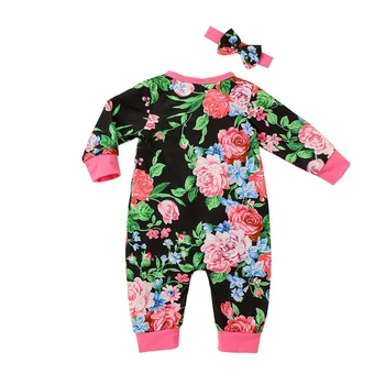 

Newborn Floral Long-sleeved Romper Black Baby Girl Bodysuit + Hairband Outfits 2Pcs