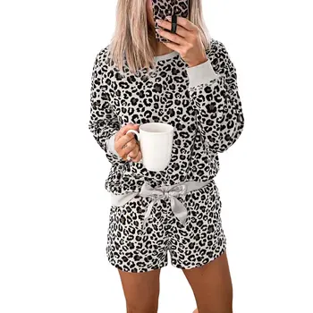 

Sleepwear Home Gift Women Pajama Set Leopard Print Holiday Autumn Winter Tops Shorts Long Sleeve Casual Nightwear Fashion