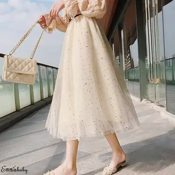 

2019 New Fashion Women Girls Big Swing Tulle Pleated Long Midi Skirt High Waist Net Skirt Big Size