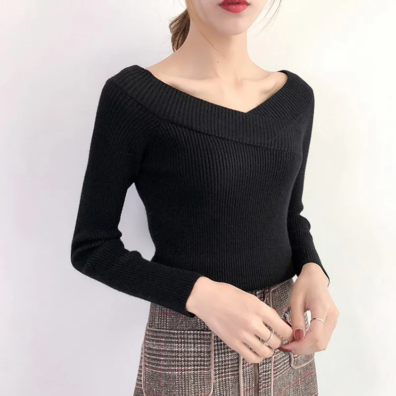 

Women Fashion Sexy V-Neck Sweater Long Sleeve Pure Color Temperament Pullover Autumn Winter Bottom Sweaters Jumper