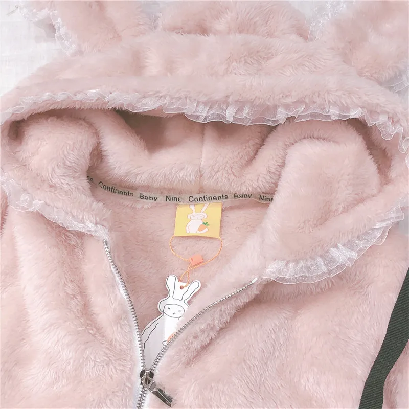 Зимнее женское милое меховое пальто Лолита с заячьими ушками, белая верхняя одежда, куртка Kawaii, кружевное пальто для девочек, толстое теплое розовое плюшевое пальто с капюшоном